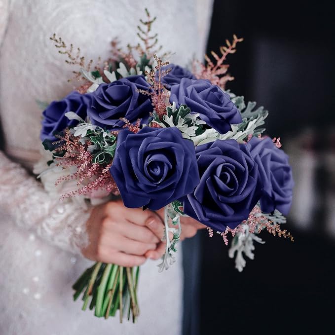 100 Pieces Artificial Foam Rose Flowers Faux Bouquet with Leaves and Stems for DIY Wedding Bouquets Centerpieces Bridal Shower Party Valentine Home Decorations(Navy Blue)