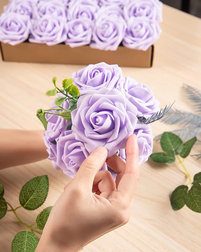 DuHouse 25Pcs Artificial Roses Flowers Fake Roses with Stems Real Touch Foam Flowers for DIY Wedding Bouquet Baby Shower Centerpiece Floral Arrangement Party Home Decor(Lilac)