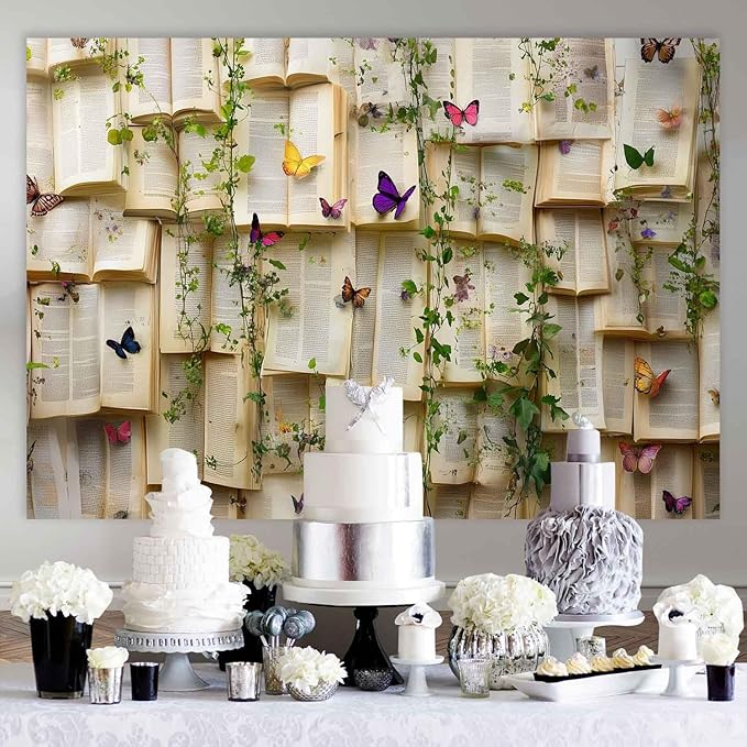 7x5ft Vintage Bookshelf Backdrop for Photography Book Butterfly Backdrops Books Flowers Wallpaper Decoration Bridal Shower Kids Girls Birthday Party Banner Supplies KUBYW004