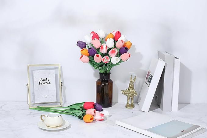 SITUMEIZI Fake Flowers Tulips Artificial Silk Flower 15pcs Real Touch 14" for Spring Easter Home Kitchen Wedding Bouquet Bulk Mother's Gift Day Decorations(Multicolor,6)