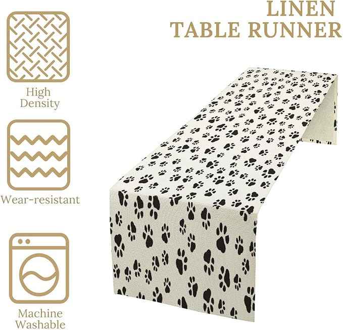 Dog Paws Table Runner,Cartoon Cute Black White Animal Footprints Abstract Tablecloth Burlap for Hotel Indoors Outdoor Dining Room Kitchen Home Decor,W13X L90 in