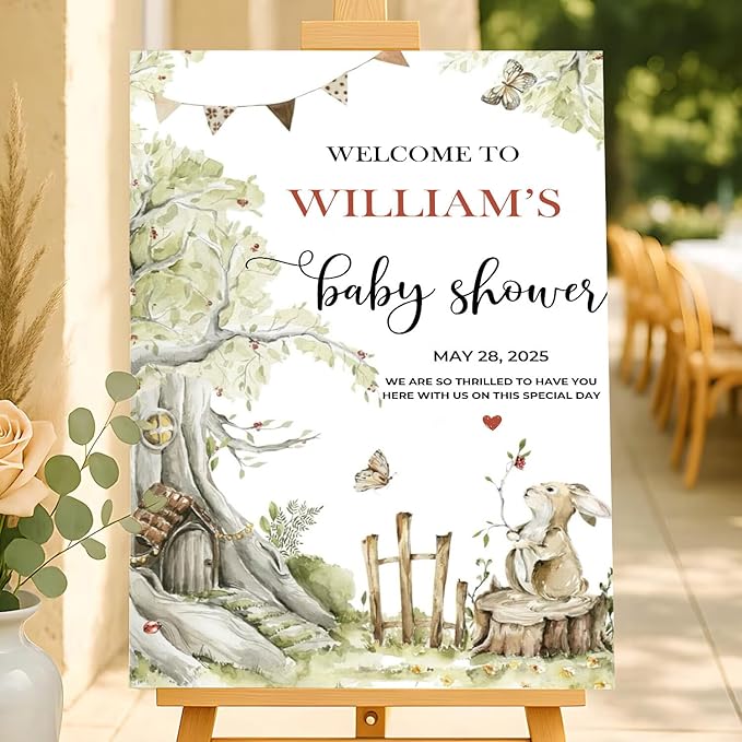 Personalized Baby Shower Welcome Sign Outdoor, Rabbit And Butterfly Party Sign Decorations, Moder Baby Shower Sign With Stand