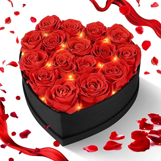 16 Forever Flowers, 9.2 inch Preserved Flowers in Heart Shape Box with Lights, Fresh Preserved Roses Gift for Her, Eternal Roses Gifts for Women Wife Birthday Mothers Day, Valentines Day Anniversary