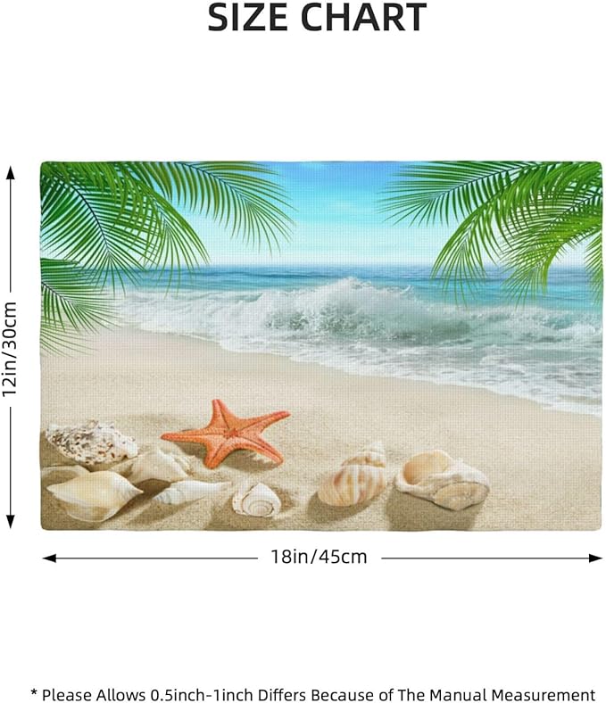 Starfish Beach Placemats, Leisure Summer Time Waves Tropical Palm Elm Sand Starfish Seashells Nautical Print Washable Fabric Placemats Table Kitchen Dining Party 12x18 Inch Set of 6