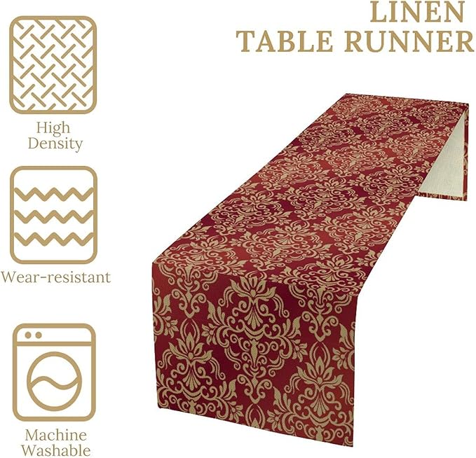 Red Damask Table Runner,Gothic Antique Victorian Floral Boho Table Runner for Home Kitchen Table Dining Garden Farmhouse Wedding Party Decor 13x60 Inch