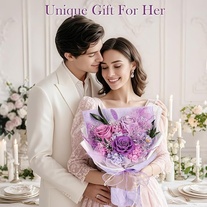 Preserved Bouquet of Flowers - 3 Roses & Flowers for Delivery, Long-Lasting Real Lavender Forever Flowers, Eternal Roses Bouquet for Mothers, Mom, Wife Anniversary Birthday Gifts for Women