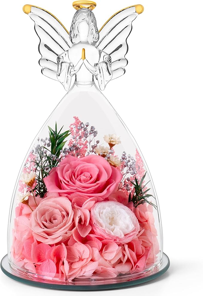 RoseValley Angel Roses Gifts for Mom,Preserved Real Flowers Roses in Glass Angel Figurines,Christmas Birthday Gifts for Grandma Women Mom Wife Mother in Law/Pink
