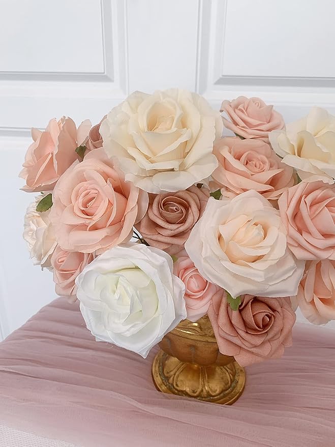 Roses Artificial Flowers Bouquet Combo Box Set Fake Flower Bulk for DIY Bridal Baby Shower Decorations Wedding Centerpieces for Table Silk Floral Arrangements Party Home Decor Indoor Peach