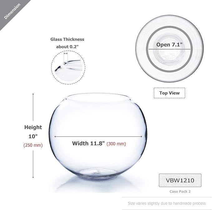 WGV Large Bowl Glass Vase, Diameter 12", Height 10", (Multiple Sizes Choices) Clear Round Bubble Vase Jar, Floral Planter Terrarium for Wedding Event Home Decor, 1 Piece (VBW1210)