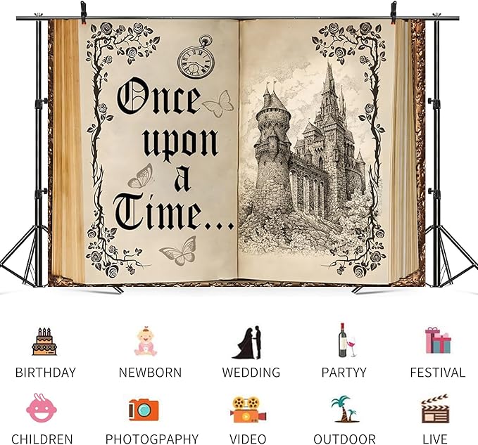 8x4ft Once Upon a Time Backdrop Fairy Tale Books Castle Princess Photography Background Once Upon a Time Birthday Baby Shower Decoration Storybook Wedding Party Banner