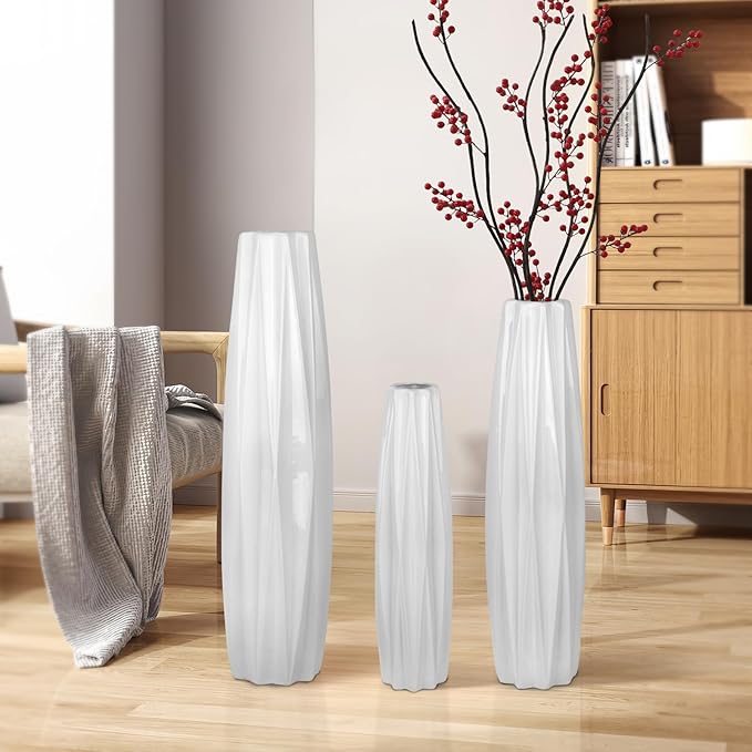 White Floor Ceramic Vase 24 Inches Tall Flower Holder Decorative Large Vases for Table Centerpieces Shelf Home Decor Living Room Branches Sky-Dried Flower Arrangement Simple Decorative