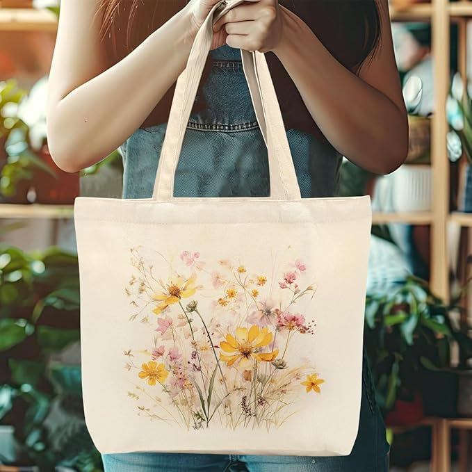 Aesthetic Floral Canvas Tote Bag for Women with Pocket, Tote Bags for Grocery Shopping Travel Christmas Birthday