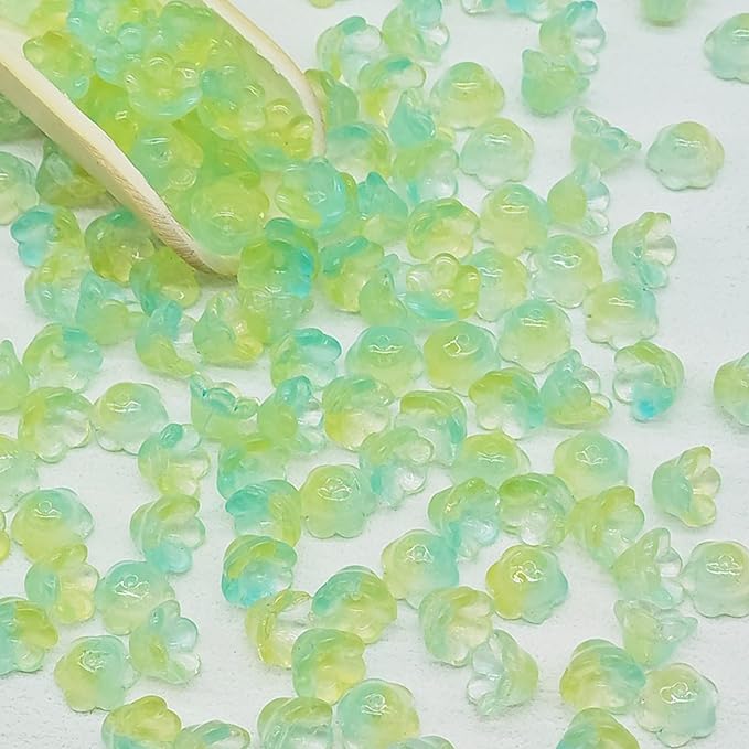 LadayPoa 100pcs Glass Bellflower Beads for Jewelry Making Trumpet Flower Beads Gradient Clear Cute Beads for Bracelets Making Aesthetic Bead Charms for DIY Necklace Decoration-Yellow Green