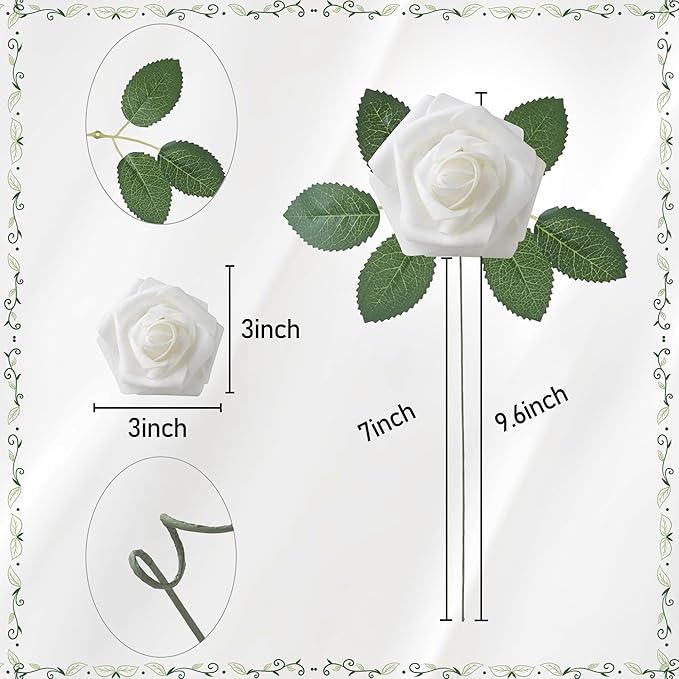 Artificial Flowers, 100pcs Artificial Rose for DIY Wedding Bouquets Centerpieces Arrangements, White Foam Rose with Stem for Bridal Shower Party Home Decorations