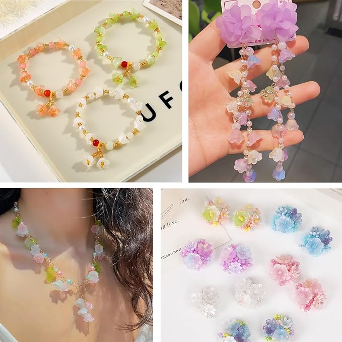 LadayPoa 350pcs Glass Bellflower Beads for Jewelry Making Trumpet Flower Beads Gradient Clear Cute Bead for Bracelets Making Aesthetic Bead Charms for DIY Necklace Decoration-Mixed Colors