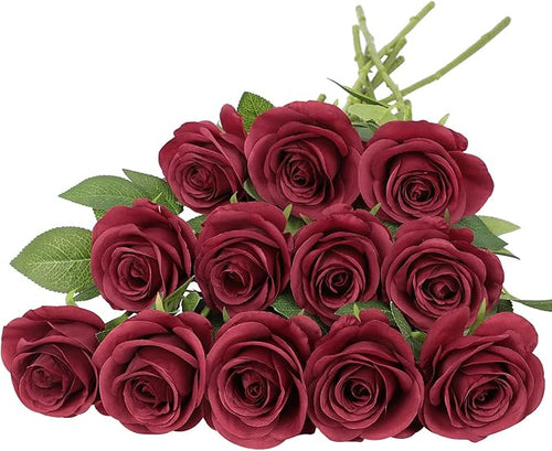 12pcs Roses Artificial Flowers Fake Flowers with Long Stems Burgundy Silk Flowers for Wedding Bouquet Centerpices Decorations Party Bridal Baby Shower Home Decor