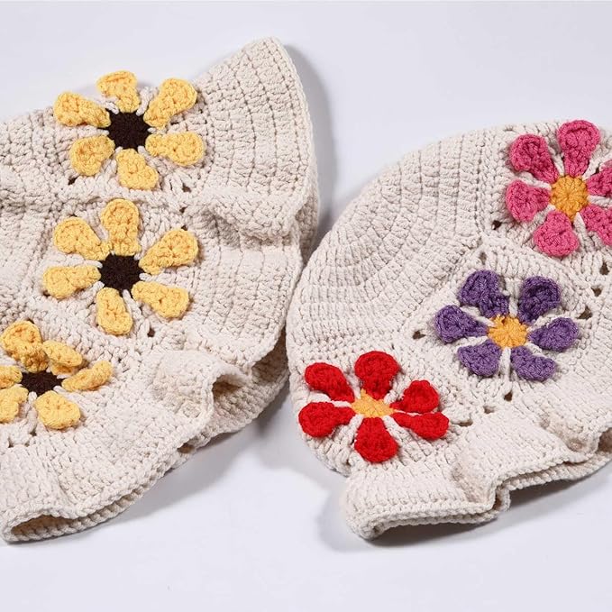 Crochet Bucket Hat for Women Flower Knit Hat Hollow Out Foldable Cap Hats