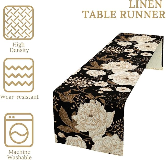 Vintage Flowers Table Runner,Black Gold Peony Rose Print Table Runner for Home Kitchen Table Dining Indoor Outdoor Party Decor 13x120 Inch
