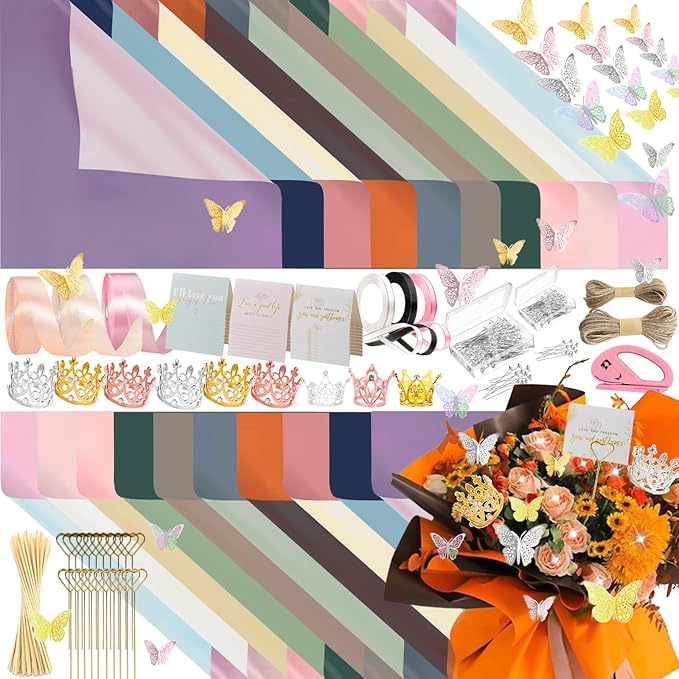DNSGOOR 548Pcs Flower Wrapping Paper Kit with 200Sheets Double Sided Color Waterproof Bouquet Wrapping Paper Decor Crowns 3D Butterfly Bouquet Pins Ribbons for Valentines Graduation Birthday Party