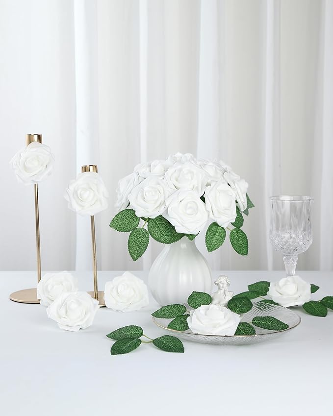 DuHouse 50Pcs Artificial Roses Flowers Fake Roses with Stems Real Touch Foam Flowers for DIY Wedding Bouquet Baby Shower Centerpiece Floral Arrangement Party Home Decor(White)