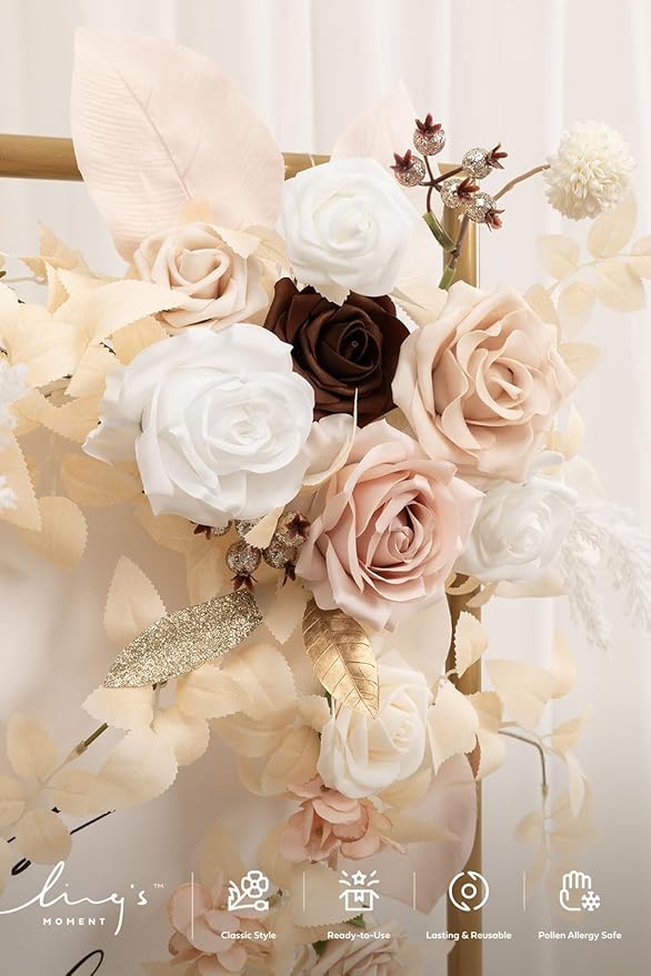 Ling's Moment Wedding Artificial Welcome Sign Flowers Swag Arch Floral Garland Decorations White Beige Pink Ceremony Reception Entrance Entryway Party Banquets Easel Wall Home Outdoor(NOT Include Sign