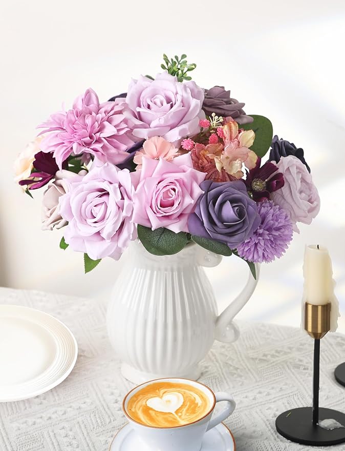 Purple Pink Artificial Fake Flowers with Stems for DIY Wedding Bouquets Table Centerpieces Baby Shower Home Party Floral Arrangements Decorations (Purple)