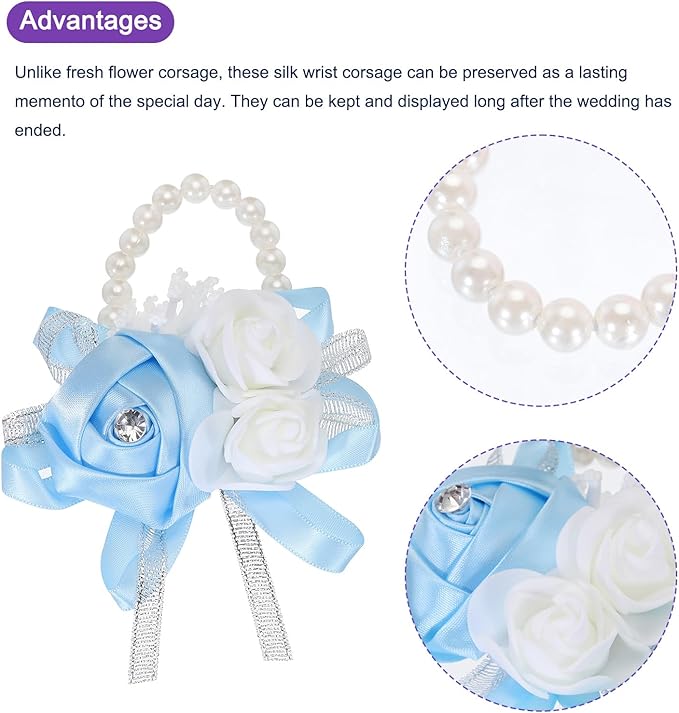 MECCANIXITY 3Pcs Wrist Corsage Artificial Flower Bracelets Rose Wrist Bride Groom Decorative for Wedding Ceremony Prom Party Anniversary Sky Blue