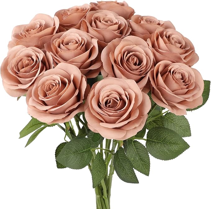 12pcs Roses Artificial Flowers Dusty Rose Fake Flowers with Long Stems Silk Flowers for Wedding Bouquet Centerpices Decorations Party Bridal Baby Shower Home Decor