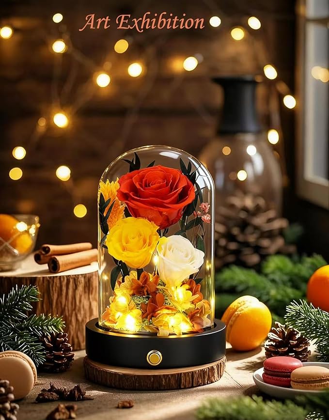 Christmas Flowers Gifts for Women Mom Preserved Roses in Glass Dome, Forever Flowers for Delivery Prime, Real Rose Valentines Day Anniversary Birthday Gifts For Her Mother Wife Grandma Orange
