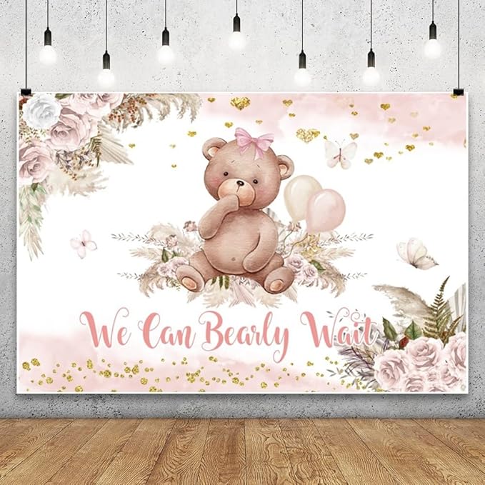 Leyiyi 5x3ft Bear Baby Shower Backdrop We Can Bearly Wait Photography Background Boho Pampas Grass Balloons Pink Floral It's a Girl Gender Reveal Party Decoration Kids Adults Portrait Photo Props