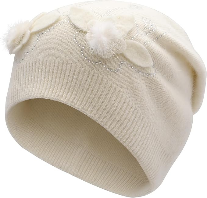 ZLYC Women Floral Slouchy Beanie Hat Double Layer Winter Knit Skull Cap