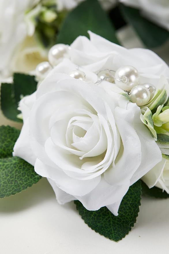Meldel Boutonniere for Men Wedding Floral Shoulder Corsages, Set of 2,Groomsmen White Artificial Boutonnieres for Men Wedding Prom Best Man Corsage, Bride Bridal Bridesmaid Girl Prom Shoulder Flowers
