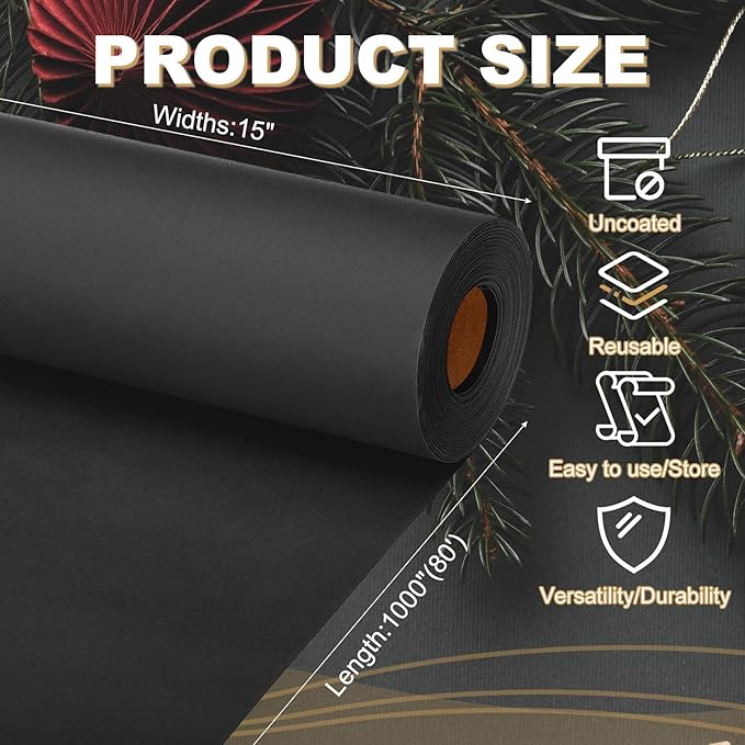 PATIKIL Wrapping Paper, 15"x1000"(80') Bulletin Board Paper Roll Kraft Paper Roll Construction 80GSM for Shipping Packing Gift Wrapping Craft Flower Bouquet Christmas, Black