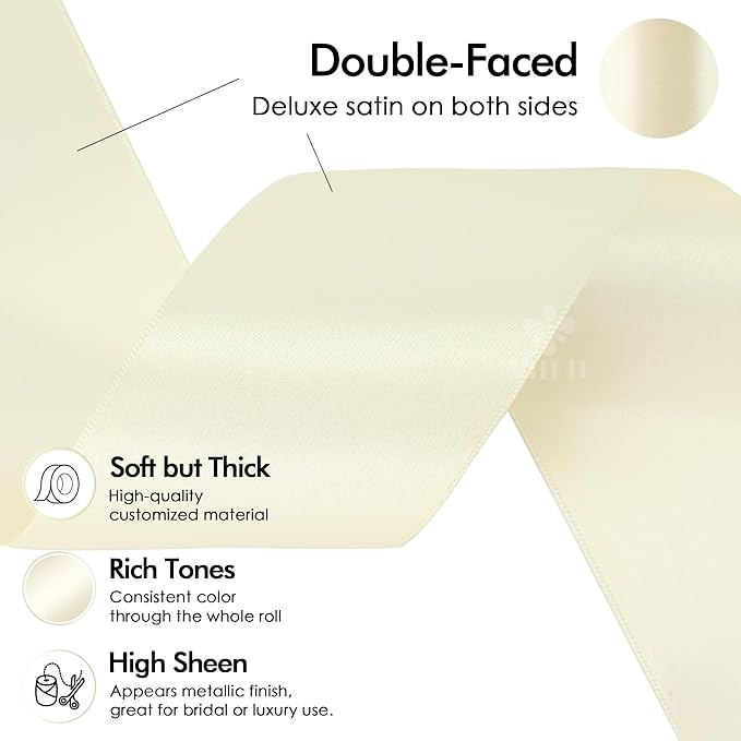 MEEDEE 2 Inch Ivory Satin Ribbon Lux Double Faced Ribbon by 25 Yards Ivory Silk Ribbons Beige Satin Ribbons for Gift Wrapping, Weddings, Flower Bouquet, Holiday Decorating