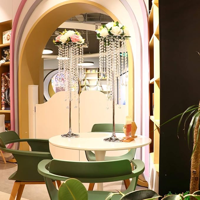10 Pcs Tall Elegant Wedding Centerpiece Stand, Silver Metal Flower Candle Holder with Chandelier Crystal,for Wedding Party Event Birthday,Valentine's Day Home Décor，29.5in