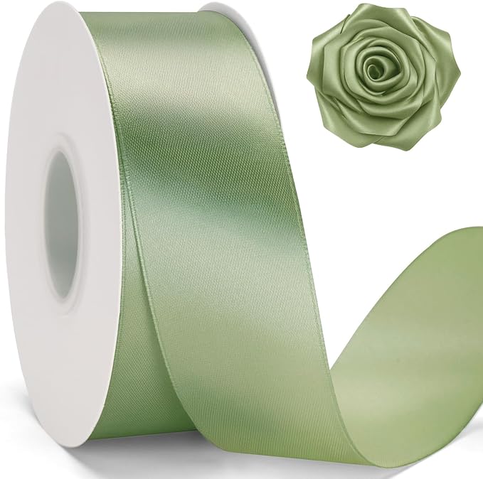 KINGLAKE Sage Green Satin Ribbon – 1 1/2'' x 100 Yards Polyester Sage Ribbon for Gift Wrapping, Light Green Ribbons for Crafts, Wedding Invitations, Baby Shower Decor, Floral Bouquets, Wreath Bows