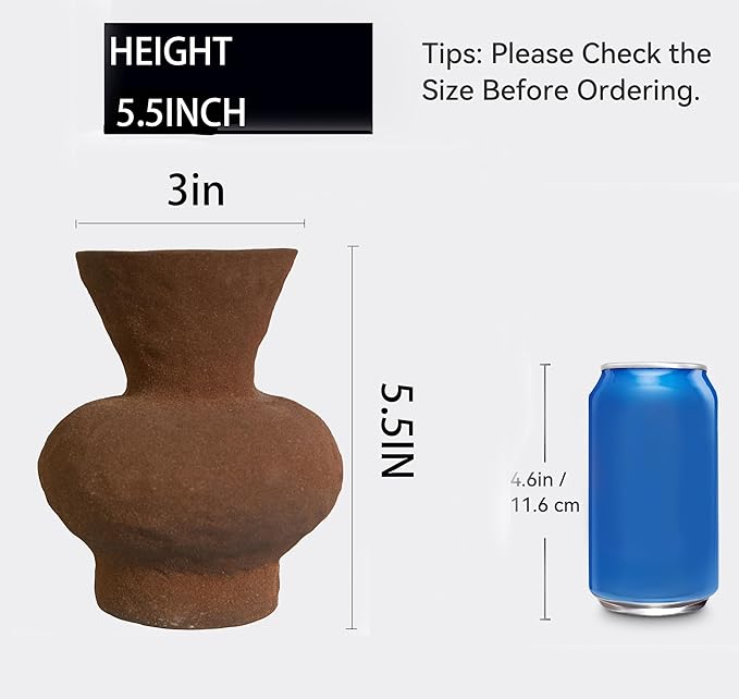 5.5IN Rustic Farmhouse Ceramic Vase Home Decor, Vintage Stoneware Clay Pottery Terracotta Textured for Modern Farmhouse, Living Room, Office Desk Table Shelf,(Brown)