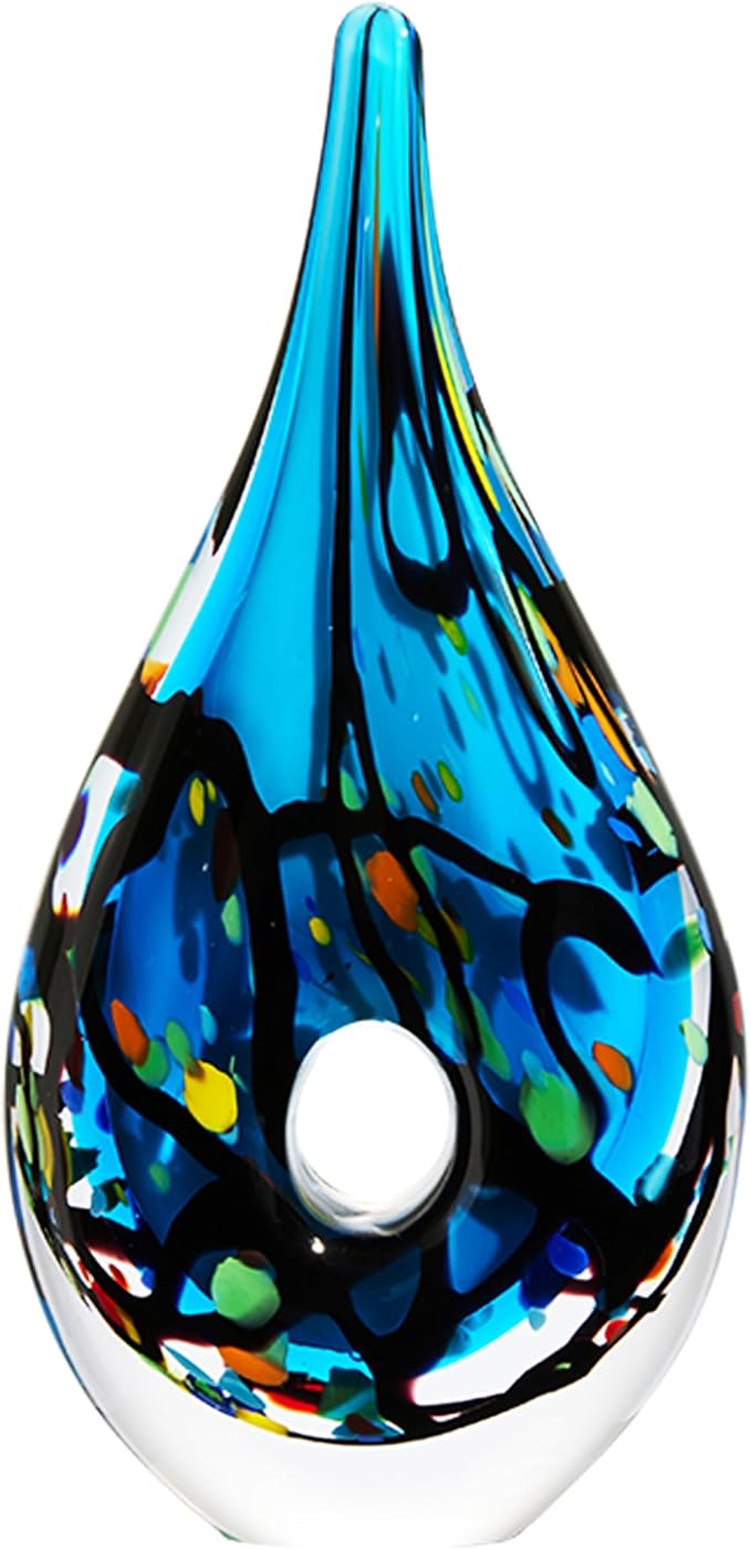 Luxury Lane Hand Blown Abstract Hollow Blue Tear Drop Sommerso Art Glass Sculpture for Home Decor 8.5 inch Tall Centerpiece Table Decoration