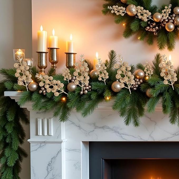 24 Pack Artificial Christmas Glitter Berries Stems Branches,Christmas Faux Holly Berries Branches Ornaments for Christmas Tree Wreath DIY Craft Decorations Holiday Home Decor(Champagne)