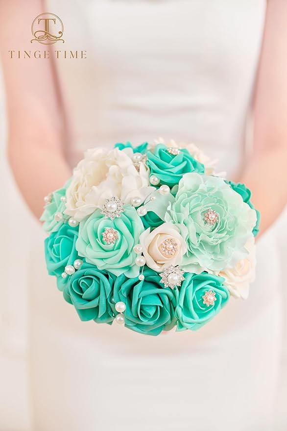 TINGE TIME 7 Inch Artificial Flowers Wedding Bouquets for Bridesmaid, Set of 4, Bride Tossing Bouquet for Rustic Wedding Ceremony Bridal Shower Vintage Party (Teal Green & Champagne)