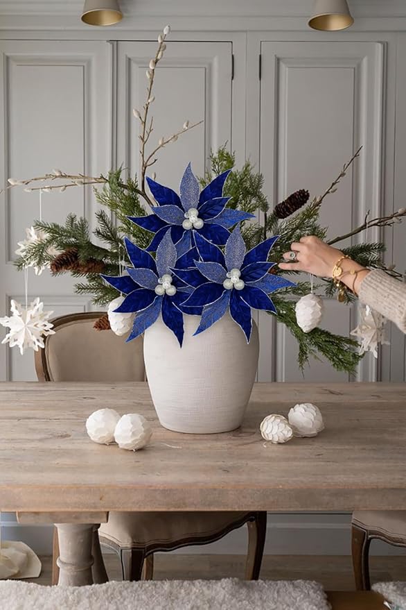 Hollyone 3PCS Poinsettia Christmas Flowers Artificial 11" Large Velvet Blue Glitter Poinsettia Flowers Christmas Tree Ornaments Floral Picks for Tree Wreath Garland Vase Table Centerpiece Home Decor
