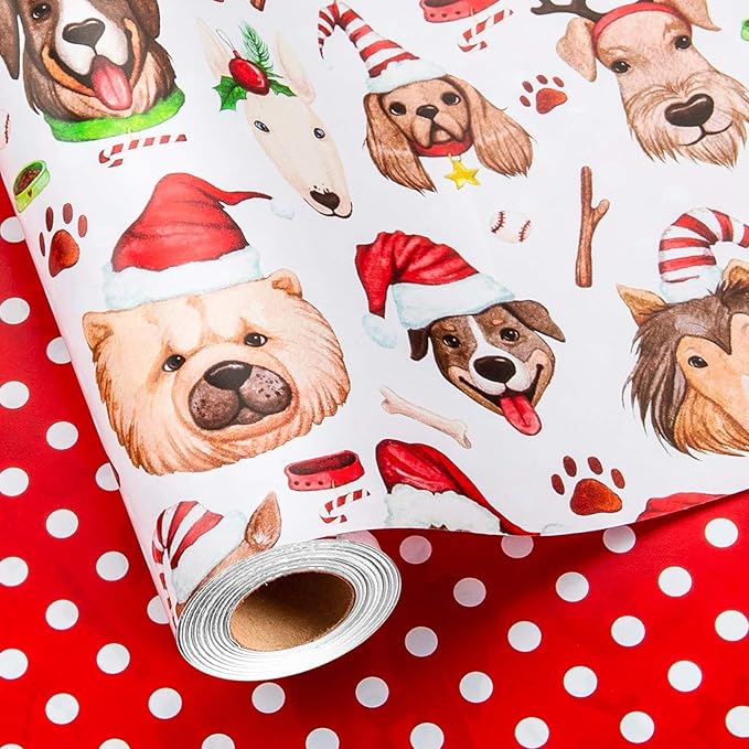 MAYPLUSS Christmas Wrapping Paper Roll - 17 Inch X 33 Feet - Cute Dog Hat Reversible Polka Dot Gift Wrapping Paper, Thick Wrap Paper for Holiday Party New Year Kids
