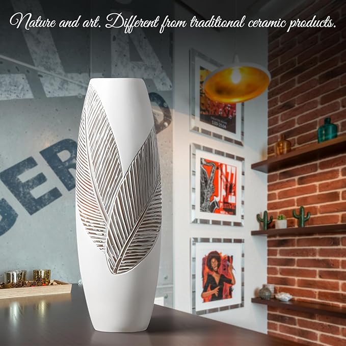 Modern Large Floor Vase White Home Decor Flower Vases 17.7 Inch Tall Resin Vase Tree Leaf Texture Decor Vases for Entryway Living Room Mantel
