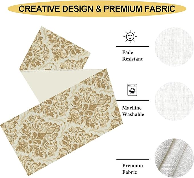 Golden Damask Table Runner, Luxury Antique White Gold Bohemian Exotic Flower Cafe Table Center Decor for Home Kitchen Dining Patio Holiday Party Indoor Outdoor Table Decorations 13x90 inch