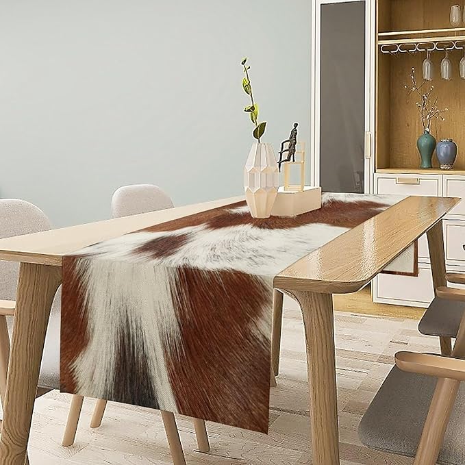 Cow Skin Print Table Runner, Rustic Country Farmhouse Animal Fur Skin Western Farm Dark Brown Cowhide Print Dinner Runner Table Decoration for Home Kitchen Dining 13x70in