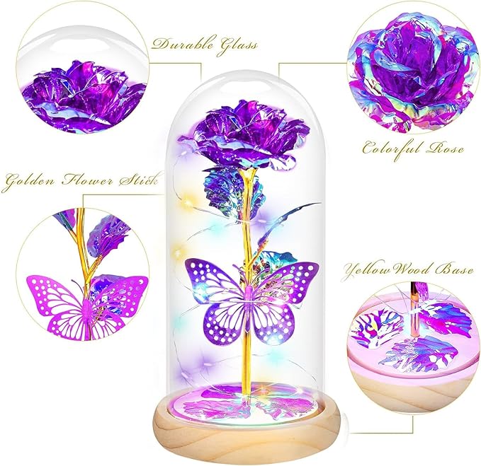 QUNPON Gifts for Women Christmas Rose Gifts Flowers for Women,Birthday Gifts for Women,Womens Gifts for Christmas,Purple Butterfly for Mom Grandma,Sister,Her,Wife,Valentines Day