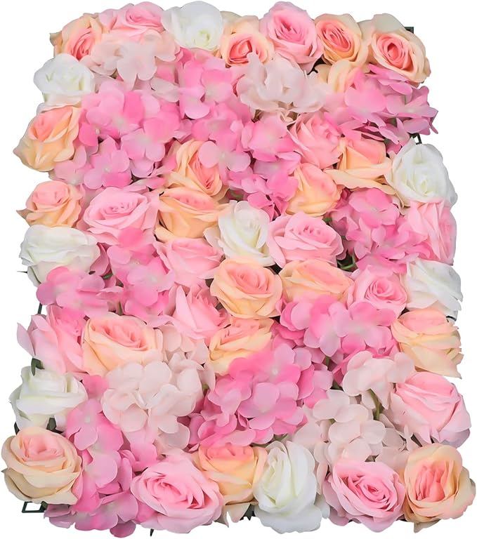 16"x 24" Artificial Flower Wall Panels,Flower Wall Mat Silk Flower Panels for Outdoor Garden Backyard Fence Fence Privacy Screen and Indoor Wall Decor (4Pcs Pink+Champagne+White)