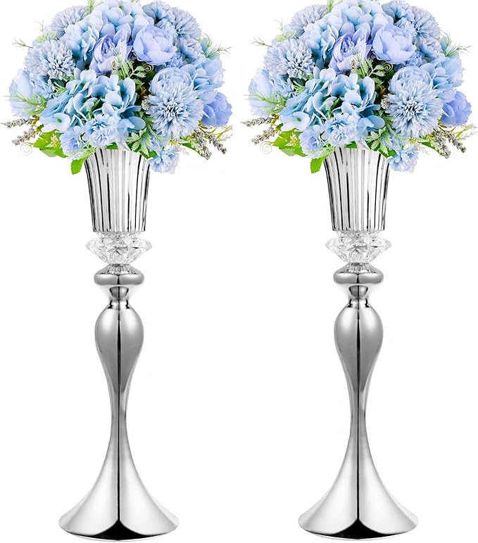 Metal Trumpet Wedding Flower Vases, 22" Tall Elegant Table Centerpiece Vases, Gold Flower Arrangement Stands for Anniversary Ceremony Birthday Party Event Wedding Home Decoration (Silver, 22"-2pcs)