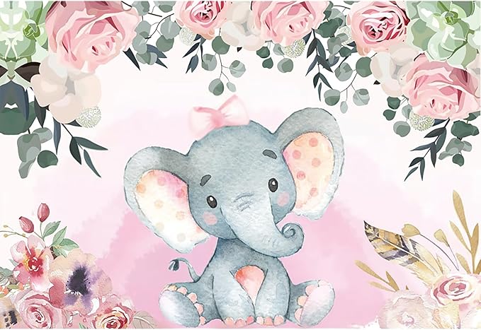 AOFOTO 15x10ft Pink Flowers Elephant Baby Shower Backdrop for Girl Sweet Floral Gender Reveal Background for Photography Kids Infant Birthday Party Banner Cake Table Decoration Photo Studio Props
