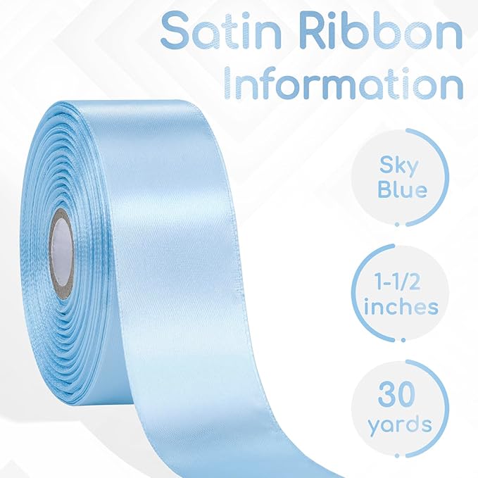 30 Yards Light Blue Ribbon 1-1/2 Inch, Baby Blue Satin Ribbon for Gift Wrapping, Flower Bouquet, Crafts, Baby Shower, Christmas, Wedding and Bow Making